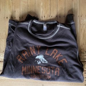Mens brown waffle long sleeve shirt "Rainy Lake MN"